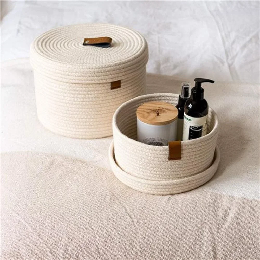 Set of 2 Decorative Baskets with Lids for Organizing - Natural Cotton Rope
